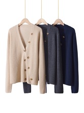 100纯山羊绒衫女士开衫V领元宝针多扣针织宽松毛衣外套2025秋冬款