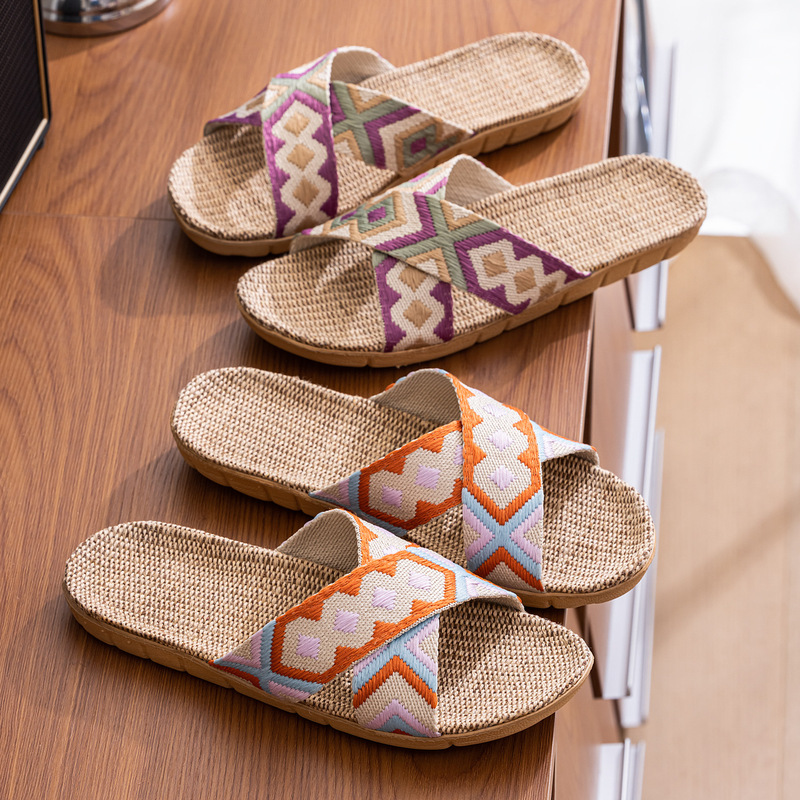 New Bohemian Style Cross-Strap Home Linen Slippers Open-Toe Sandals Breathable Sweat-Absorbent Summer Non-Slip Slippers