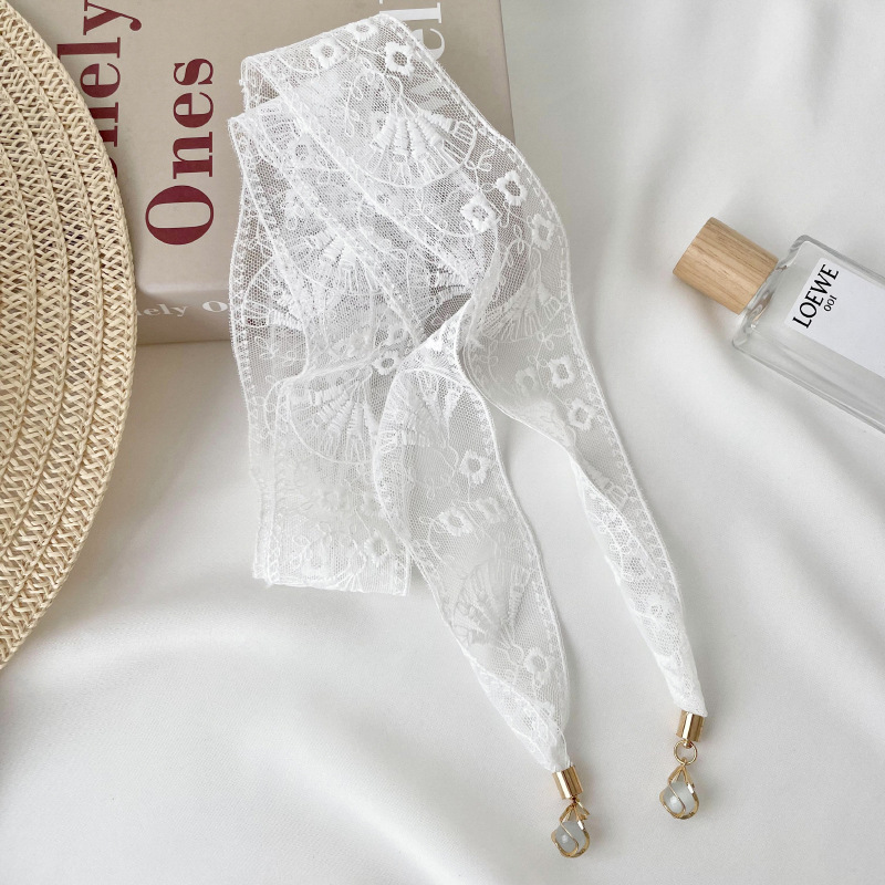 Pequeña correa de cabello personalizada nueva flor de encaje coreano decoración bufandas pequeñas bufandas delgadas colgante largo seda