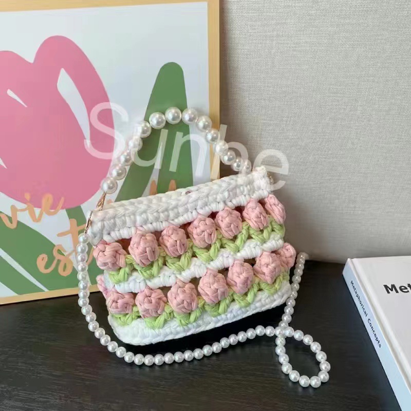 Bolsa de tejido DIY hecha a mano, bolsa de Tulip, tela casera, línea de ganchillo, bolsa de material DIY