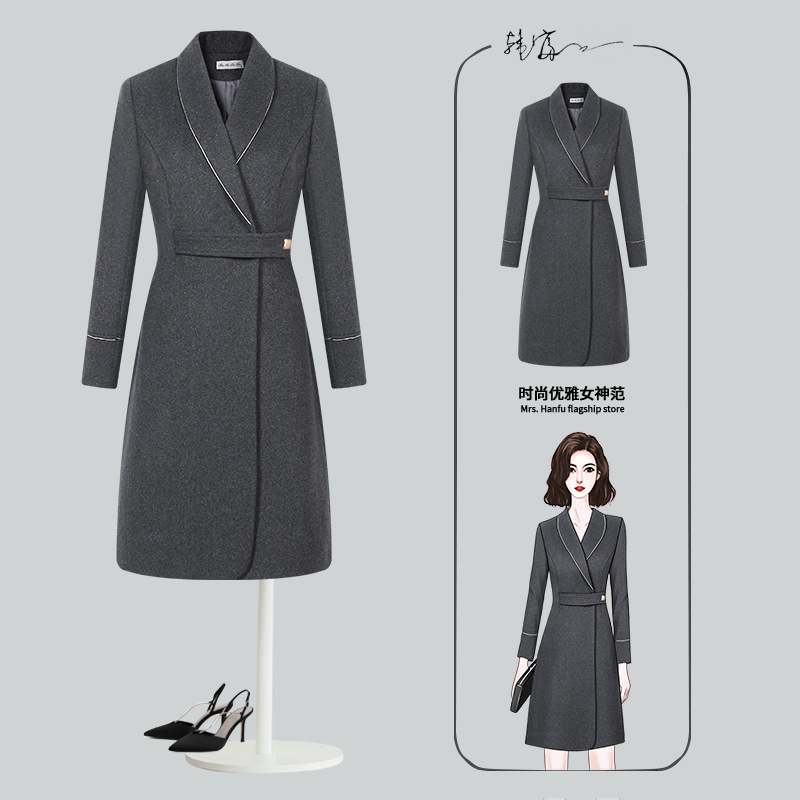 职业呢子大衣女冬中长款酒店前台工作服加棉加厚毛呢灰色外套批发