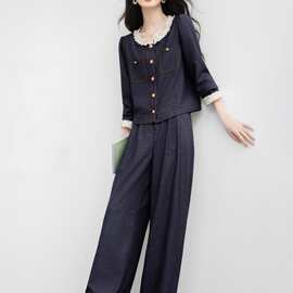 秋季新款时尚洋气一整套休闲气质小香风上衣高腰阔腿裤两件套女装