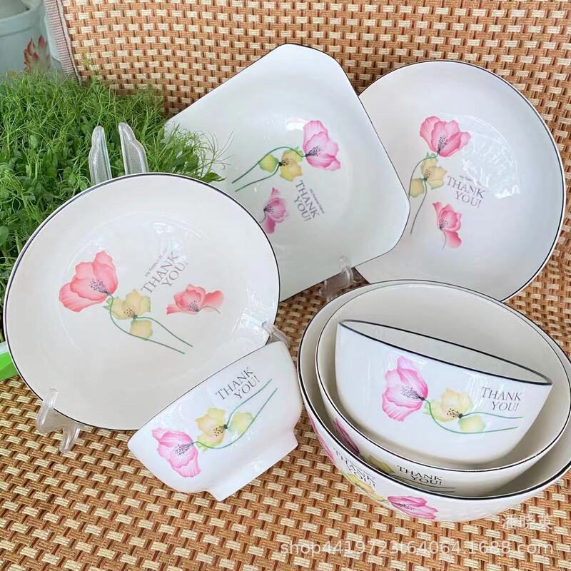 In stock wholesale printed ceramic tableware household ceramic rice bowl cooking plate Flower Rain series flower bowl flower plate
