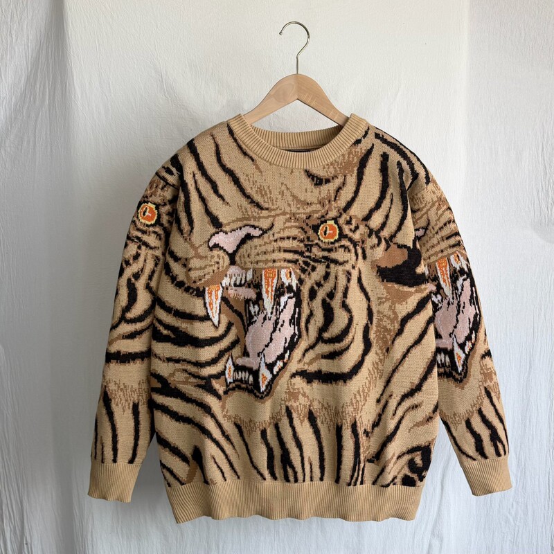 Kapital Vintage Jacquard Tiger Totem Knitted Round Neck Japanese Style Retro Knitted Pullover Sweater
