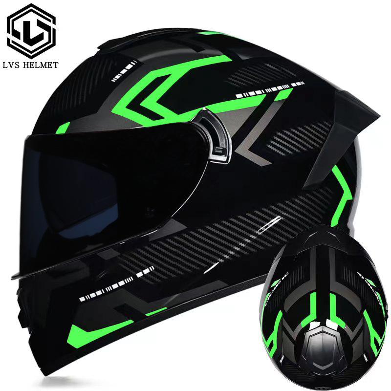 Coche eléctrico con casco completo, casco completo de otoño e invierno, coche eléctrico de carreras de imitación, coche eléctrico masculino, caballero, doble lente, cola larga