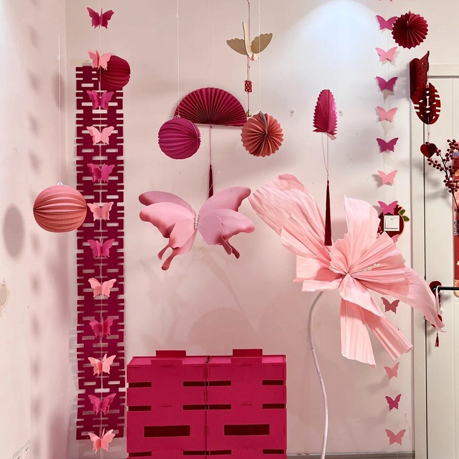*나비 수박 웨딩룸 - 핑크 컬러 2 [입체적인 행복한 캐릭터와 초대형 종이 연 꽃 포함]*