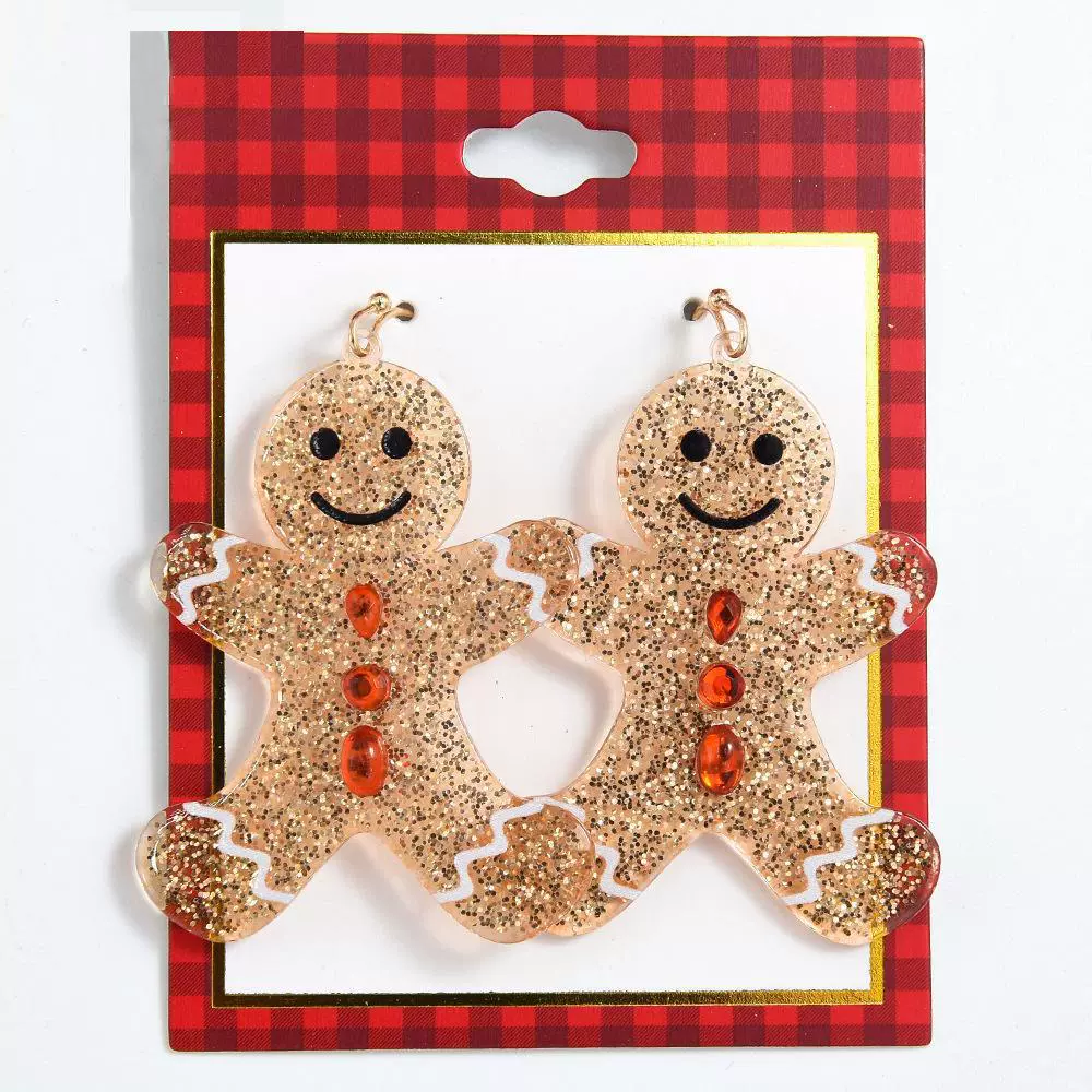 Earrings gingerbread man, glitter dangle earrings, lightweight holiday accessory