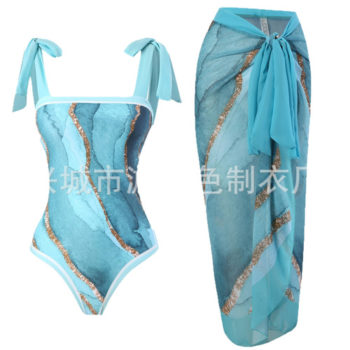 Women's European and American one-piece swimsuit with multi-color prints, chiffon dress, high-end feel, long dress, fashionable and simple