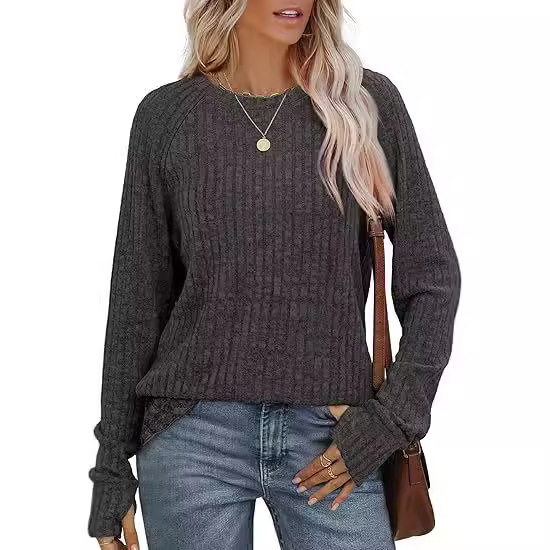 아마존 국경 유럽 및 미국 여성 느슨한 캐주얼 긴팔 크루 넥 티셔츠 핏 스크럽 탑