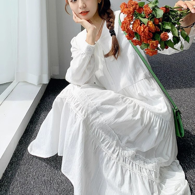 French First Love Long-Sleeved Doll Collar White Long Skirt 2024 Spring & Fall Pure and Sweet Elegant Splicing Dress for Women