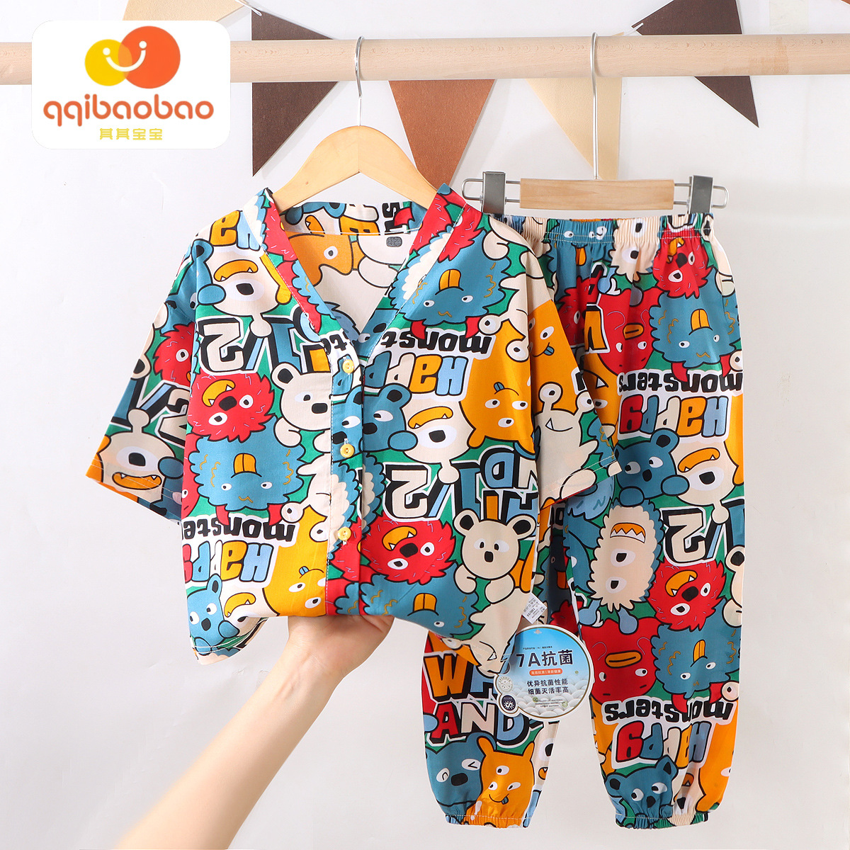 Niñas verano manga tres cuartos pijamas de seda de algodón de dibujos animados niños y niñas con aire acondicionado traje de servicio a domicilio bebé chaqueta fina verano