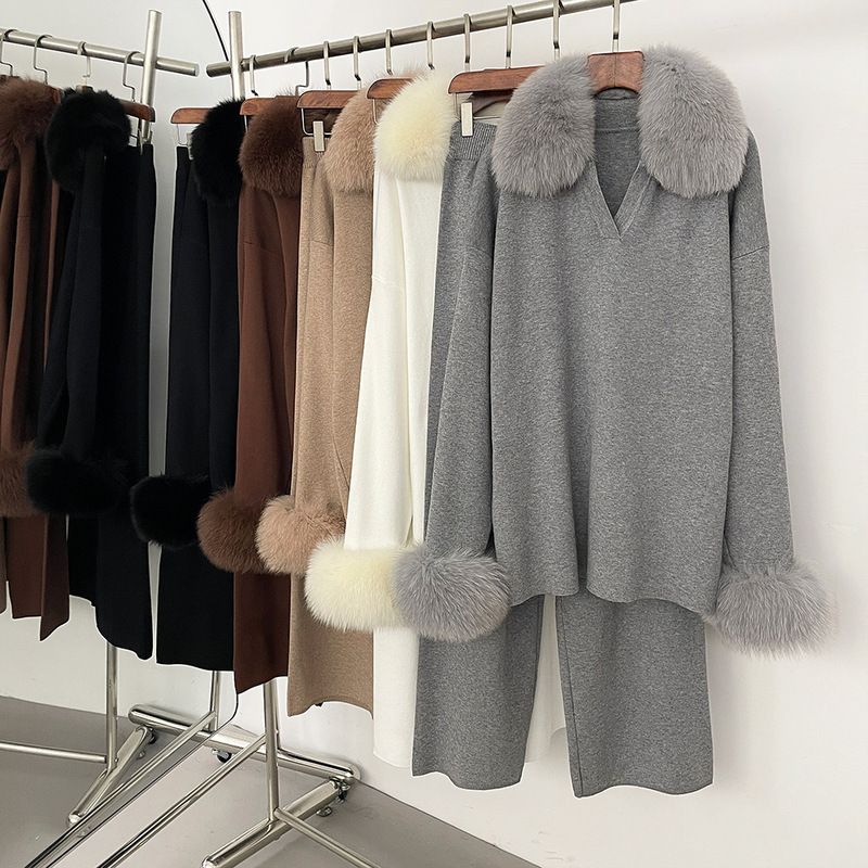 Cross-Border Hot-Selling Autumn and Winter New Fashion Two-Piece Set with Genuine Fox Fur Collar, High-End Loose Knit Sweater Set Cross-Border Hot-Selling Autumn and Winter New Fashion Two-Piece Set with Genuine Fox Fur Collar, High-End Loose Knit Sweater Set