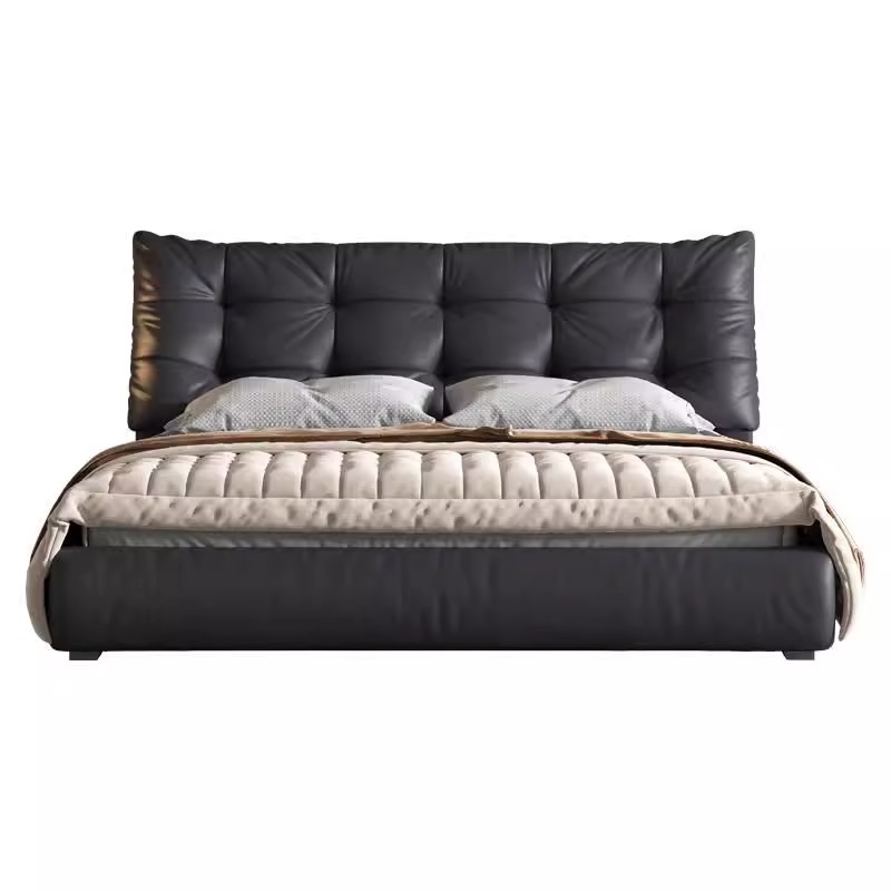 Cama de cuero minimalista italiano, dormitorio principal simple, bolso suave, cama doble, diseño de lujo ligero, cama de nube de soplo, atmósfera de alta gama image 6