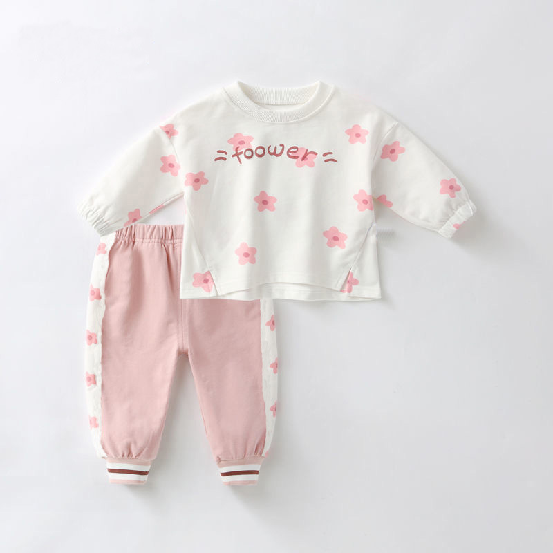 2025 New Girls Spring and Autumn Suit Infants and Toddlers 1-2-3-4 Years Old Full Print Flower Two-Piece Set Factory Direct Sales