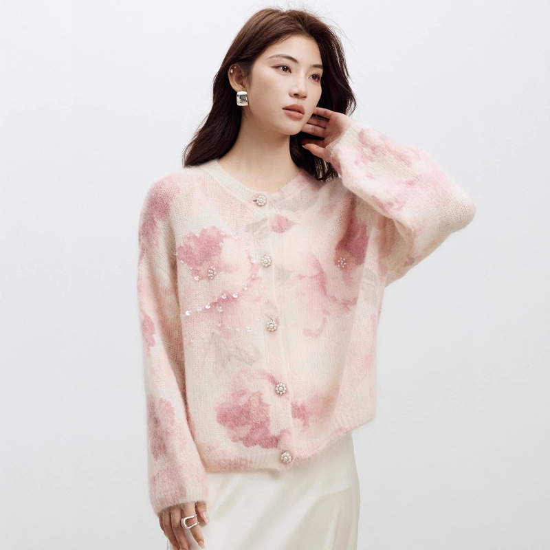 High-End Printed and Beaded Mohair Sweater for Women, Spring Coat, 26 New Korean Style Wool Knit Cardigan