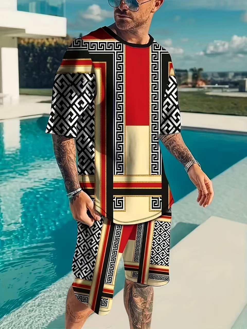 Men's Casual Sports Shorts Trendy Summer Print Suit Short Sleeved Shirt Streetwear Fashion Male Model Clothes_viptrois.com