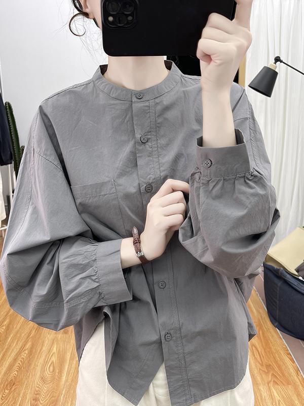 早秋设计感纯棉小立领长袖衬衫女宽松上衣2025新款打底衬衣A5656|undefined