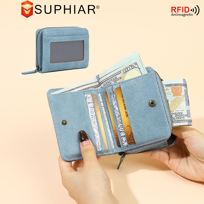 Bolso de órgano con cepillo antirrobo de cuero PU-transfronterizo, monedero simple de gran capacidad multifuncional, cartera de tarjetas RFID