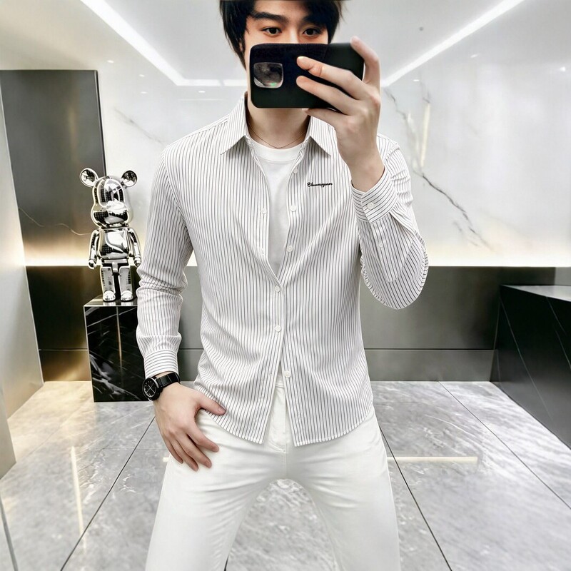 Men's striped long-sleeve shirt, new spring and autumn fashion, casual, simple, versatile, trendy shirt