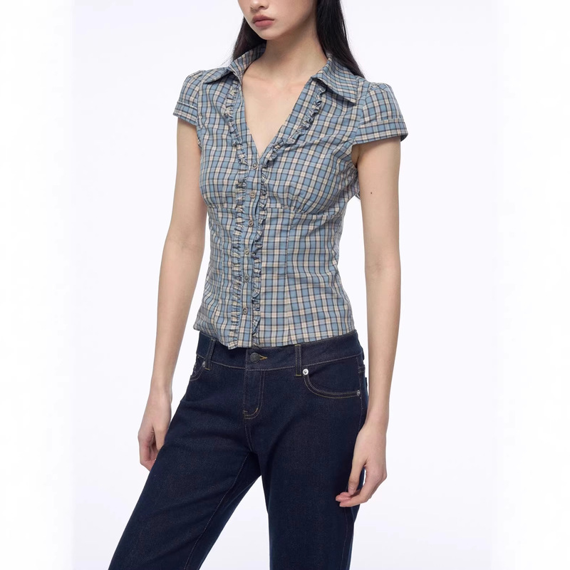 Blue Ruffled Striped V-Neck Shirt with a Tailored Waist and Short Sleeves for Summer