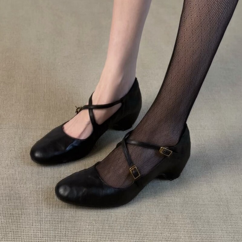 Inner height increase 5cm shallow Mary Jane cross-strap retro black wedge heel versatile comfortable commuter new style shoes