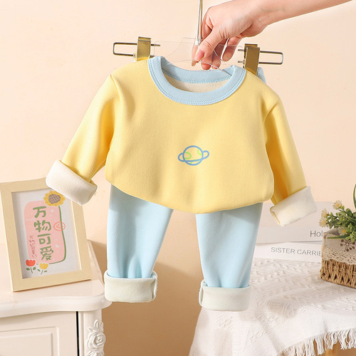 Autumn and winter children's velvet autumn clothes and long trousers for boys and girls, low-collar warm and medium-sized children's color matching velvet thermal underwear set