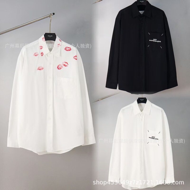 Fashionable Brand Maison Margiela Mm6 Red Lip Print Pure White Long-Sleeved Loose Shirt for Men and Women