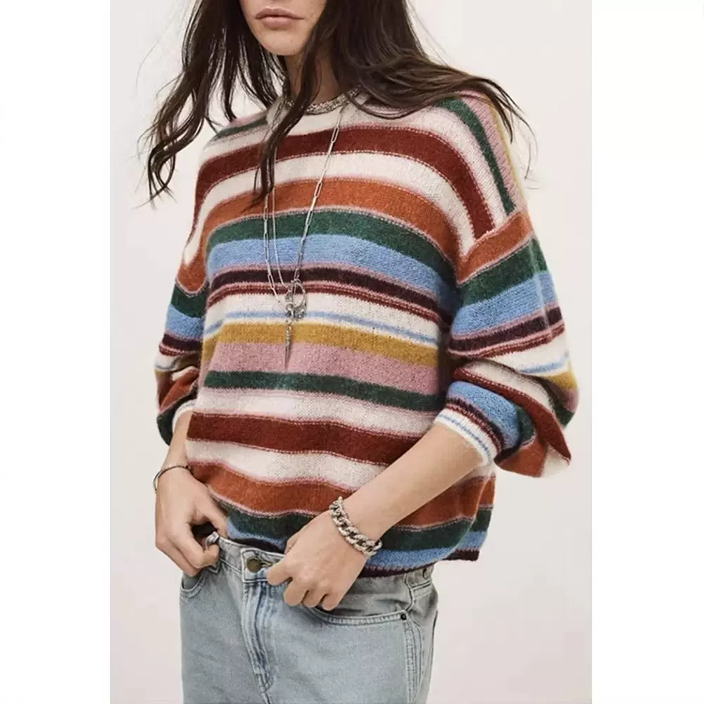 四媛 绵羊毛多巴胺撞色条纹针织衫设计感休闲宽松套头上衣女9511