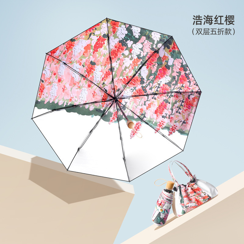 双层双花太阳伞女插画手绘风小巧便捷五折晴雨两用折叠遮阳防晒伞|undefined