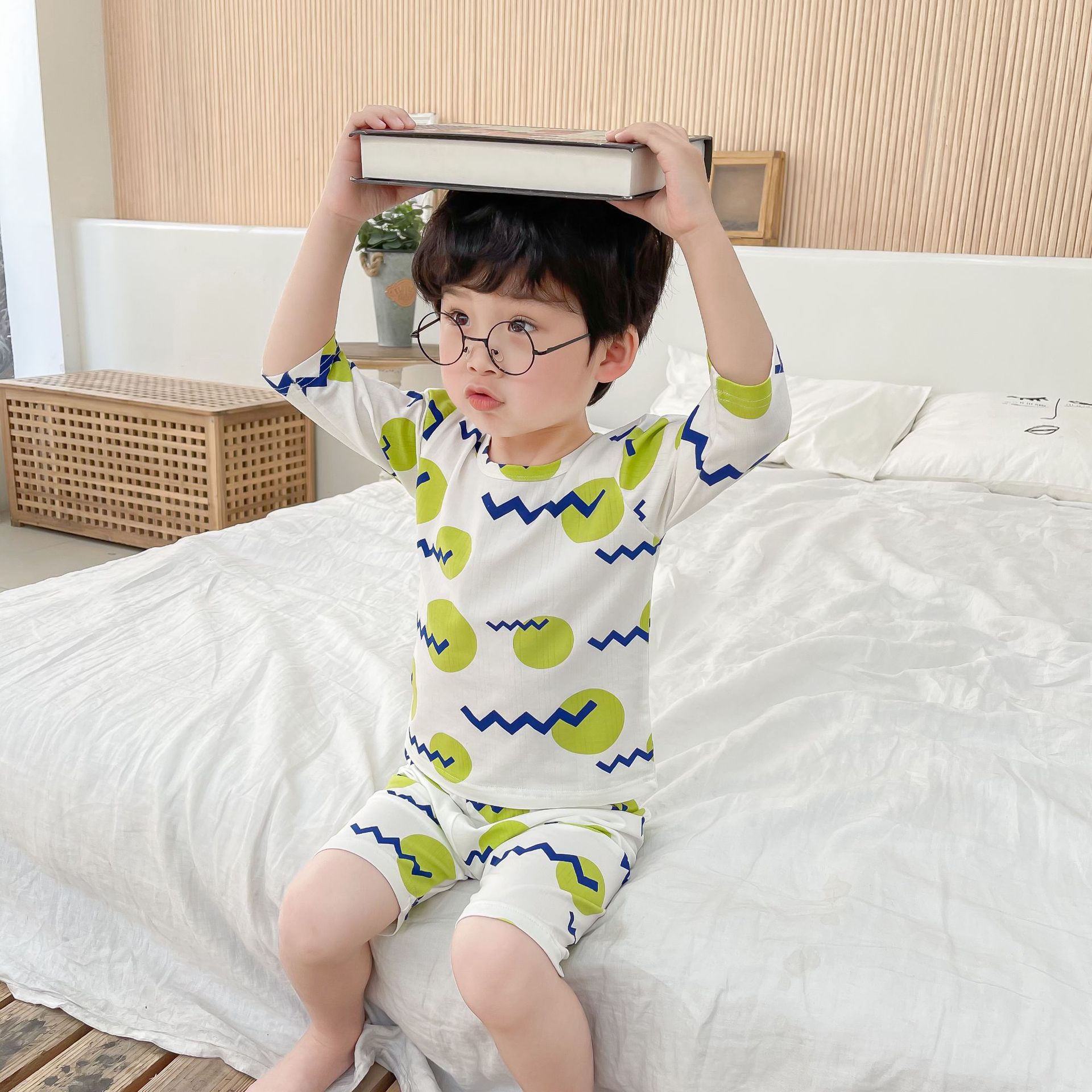 2021春夏新品儿童家居服男大童儿童睡衣薄款儿童空调服棉短袖套装|ru