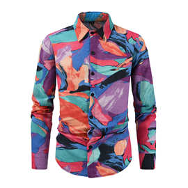 2025男式长袖衬衫跨境欧美印花衬衫亚马逊男士休闲花衬衫修身衬衣