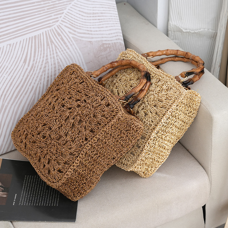 Hochwertige, neue Strohtasche mit Bambusgriff und Papierblumen, modische, frische und lässige Damentasche aus Webstoff, grenzüberschreitend_voghion.com