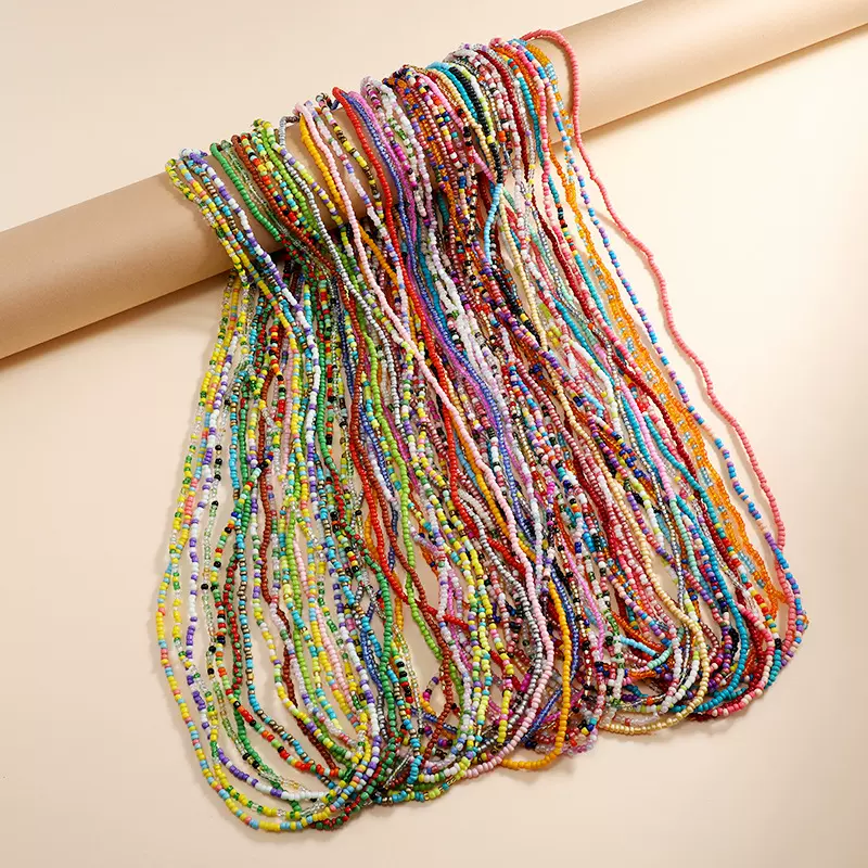欧美饰品简约时尚手工串珠玻璃米珠身体链百搭撞色弹力腰链辣妹