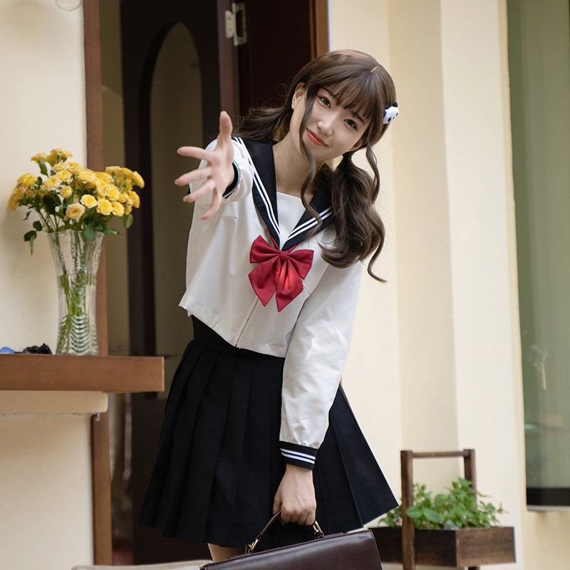 진품 JK 유니폼 스커트 선원 세트 일본 기본 반팔 세트 봄과 여름 학교 아치 중학교 세트 여성 해군 스타일