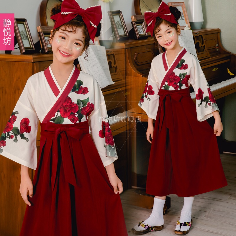 New Year Children's Costume Red Witch Kimono Set Long Sleeve Han Element Witch Vintage Girl's Dress