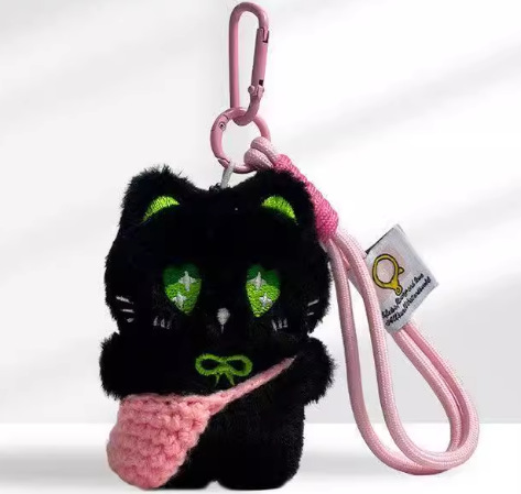 Super lindo pequeño gato negro tejido lindo cuerdas de mano de peluche hechas a mano muñeca llavero colgante bolsos colgantes de teléfonos móviles