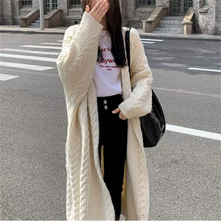 跨境中长款毛衣女秋冬外穿大码高级感宽松慵懒风麻花针织外套开衫
