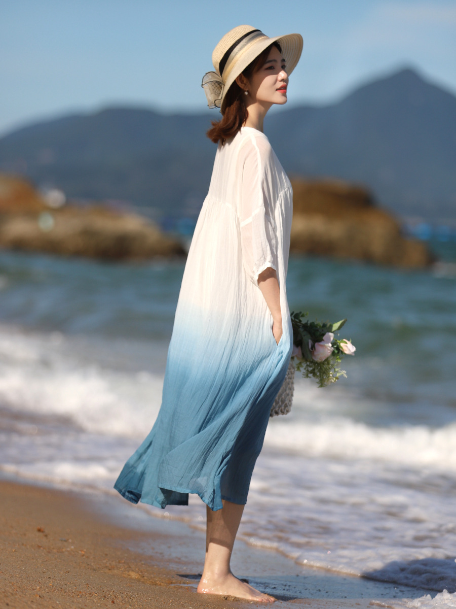 2024 Summer Loose Plus-Size Robe, Chinese Style Gradient Lightweight Ramie Zen Tea Dress, Double-Layered Large Hem Skirt_ecoleips.com