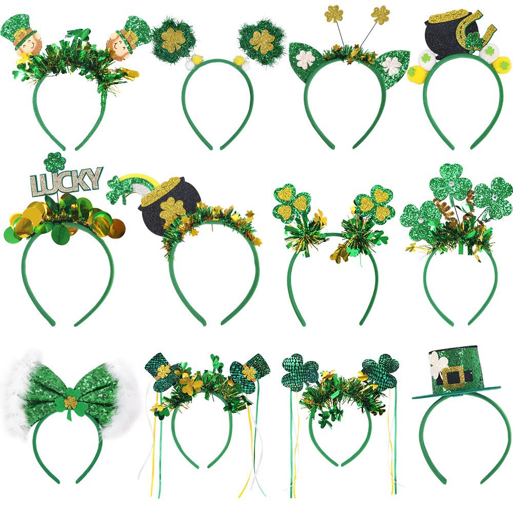 圣帕特里克节亮片礼帽三叶草流苏彩条发箍爱尔兰节派对装饰品头箍