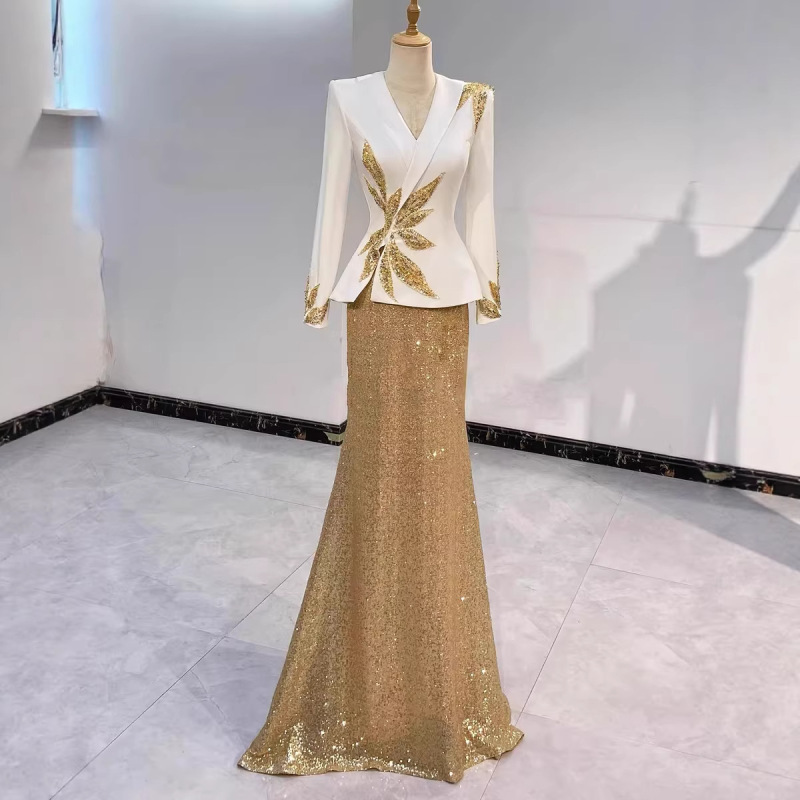 High-End Formal Gold Sequin Host Evening Gown for Folk Singing Solo Performance, Art Exam Stage, Annual Meeting Performance, Long Dress