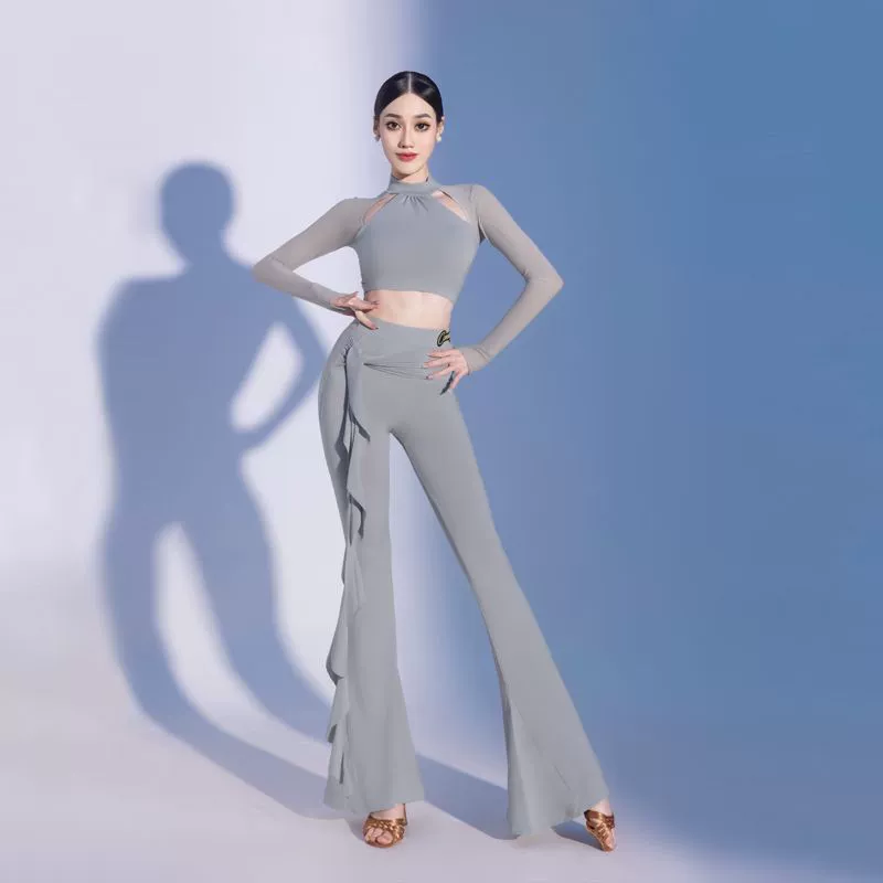 Новая одежда для латинских танцев, топы для женщин, одежда для тренировок по танцам, сетчатые топы с длинными рукавами, национальный стандарт, современные танцевальные топы