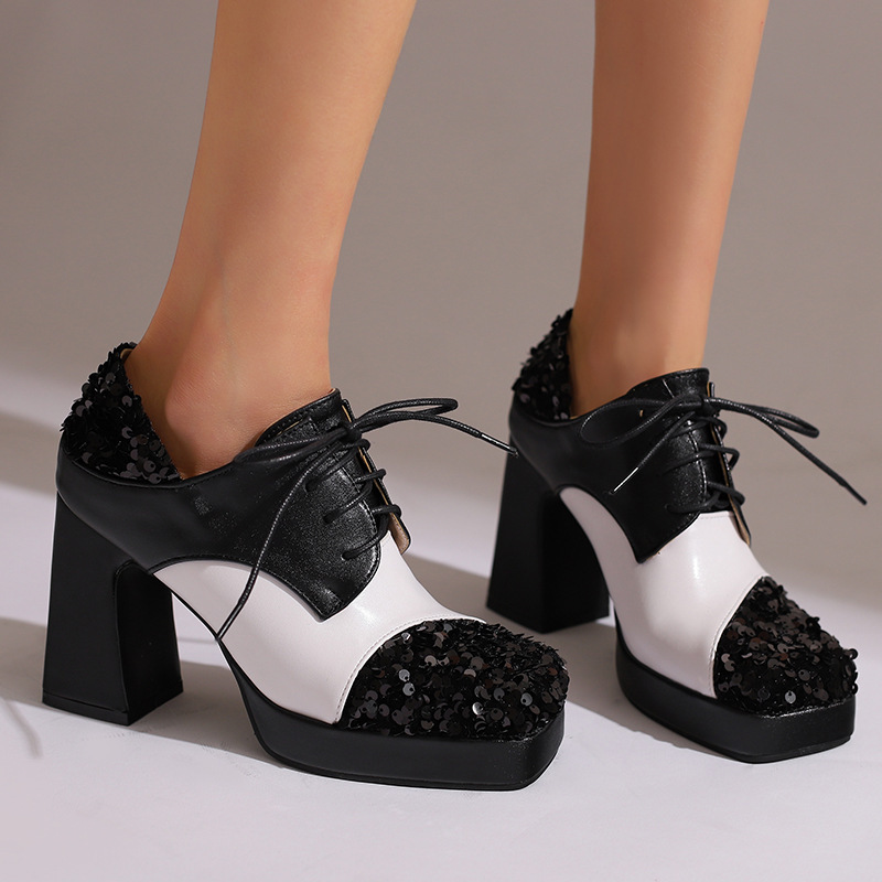 Lazada Export Model 2025 Spring and Autum High-Heeled Thick-Soled 33-48 Large and Small Size Color-Blocked Sequin Lace-Up Shoes Lazada Export Model 2025 Spring and Autum High-Heeled Thick-Soled 33-48 Large and Small Size Color-Blocked Sequin Lace-Up Shoes