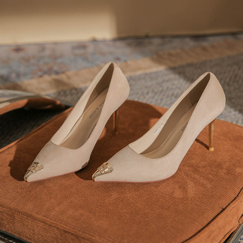 6681-38 Korean version of Metal high heels new suede shoes sexy pointed heel professional Joker women's shoes