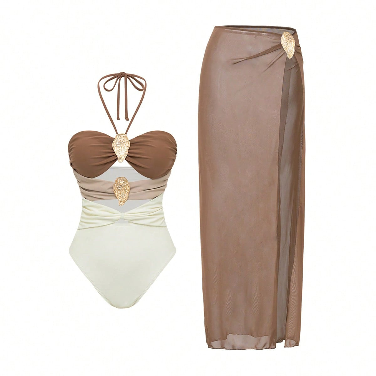 2025外贸新款跨境亚马逊挂脖连体泳衣亚马逊欧美温泉裹裙套装女