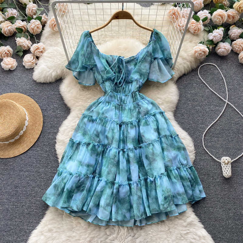 Summer New Accessible Luxury Palace Oil Painting French Print High-End Design Niche Girl Short Waist Dress
