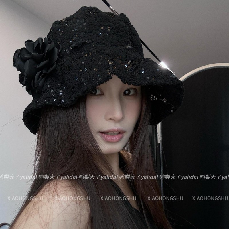 【自带气质】小众钩花蕾丝亮片镂空渔夫帽子女复古花朵盆帽软帽檐|undefined