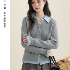 灰色假两件毛衣外套女2025春秋新款POLO领衬衫拼接针织开衫短上衣