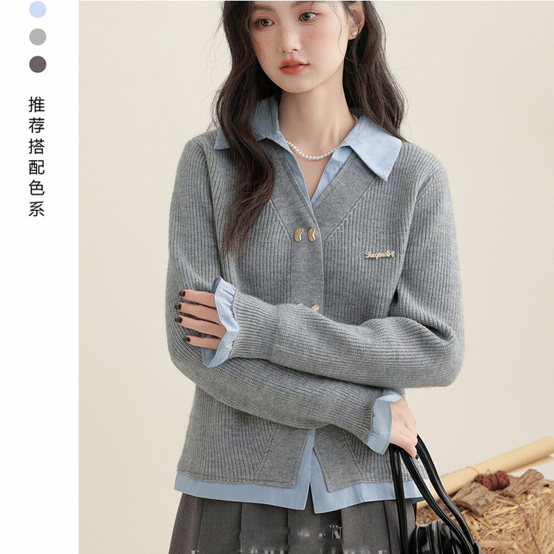 灰色假两件毛衣外套女2025春秋新款POLO领衬衫拼接针织开衫短上衣|undefined