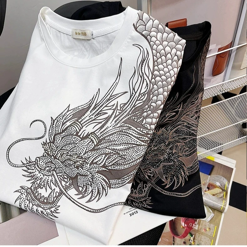 2025 летняя новая мужская футболка с короткими рукавами, модная модная футболка с половиной рукавов, интернет-знаменитость, универсальный топ с драконьим принтом на плечах в том же стиле