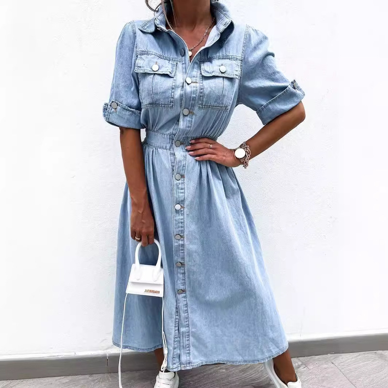 Cross-Border Temu Russian Export Amazon 2025 Summer Women's New Button Shirt Short-Sleeved Denim Dress